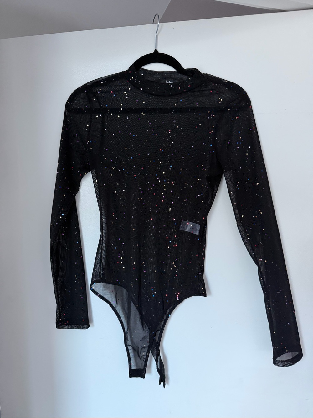 Lulu's Black Mesh One-Piece Bodysuit with Multicolor Sparkle